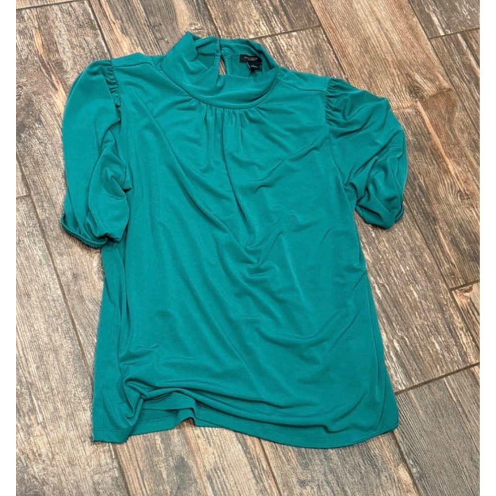 Ann Taylor Teal Green Mock Neck Puff Sleeve Keyhole Back Blouse Women L